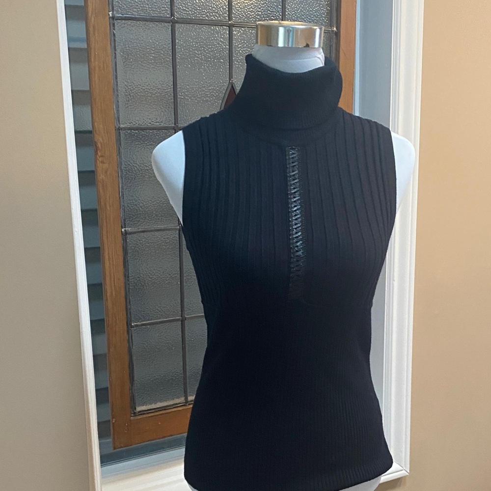 YUKA Black Sleeveless Turtleneck Sweater with “leather” detail